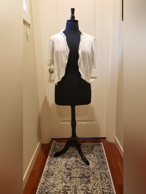 INC Womens Cream Ruffle-Trim Short Sleeve Open Front Cropped Shrug